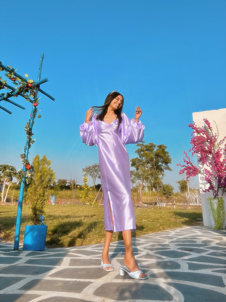 Balloon Sleeves Dual Slit Slip-on Dress.