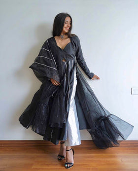 Circular flare double slit gota lace work kurta with parallel pant and dupatta.