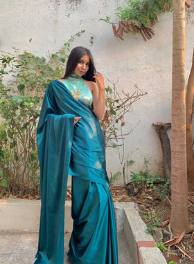 Satin Backless Halterneck Blouse with Basic Sari.