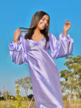 Balloon Sleeves Dual Slit Slip-on Dress.