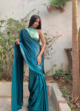 Satin Backless Halterneck Blouse with Basic Sari.