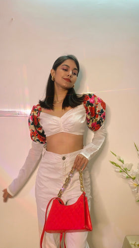 Floral Puff Sleeves Mid Ruched croptop