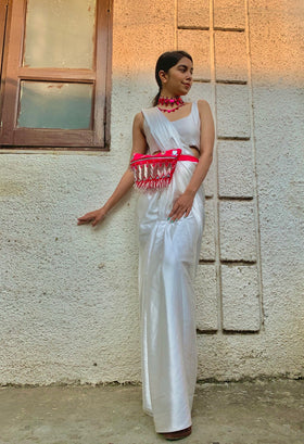 Basic White Sari with round neck blouse.