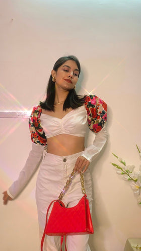 Floral Puff Sleeves Mid Ruched croptop