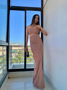 Nude shimmer Tube top with Sheath-Fit skirt. 