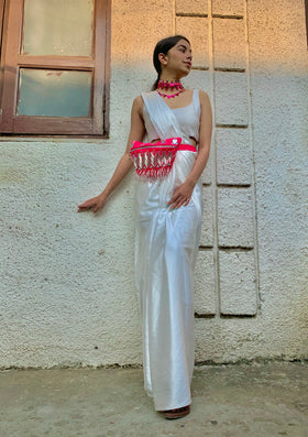 Basic White Sari with round neck blouse.