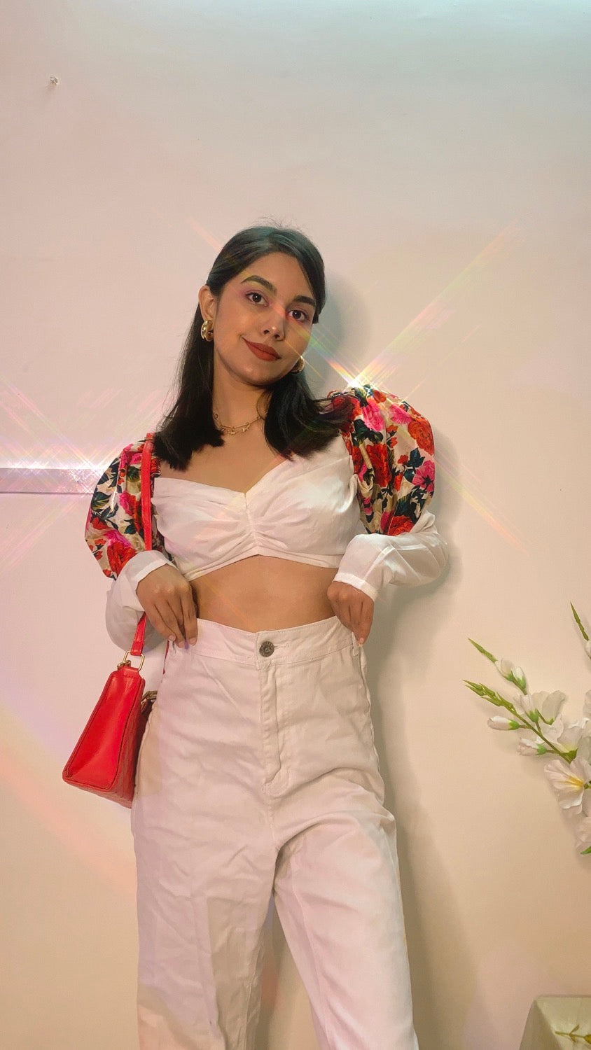 Floral Puff Sleeves Mid Ruched croptop
