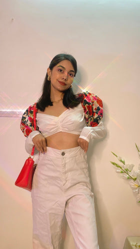 Floral Puff Sleeves Mid Ruched croptop