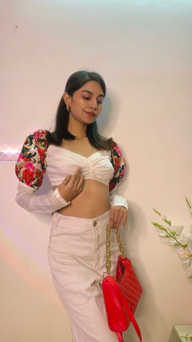 Floral Puff Sleeves Mid Ruched croptop
