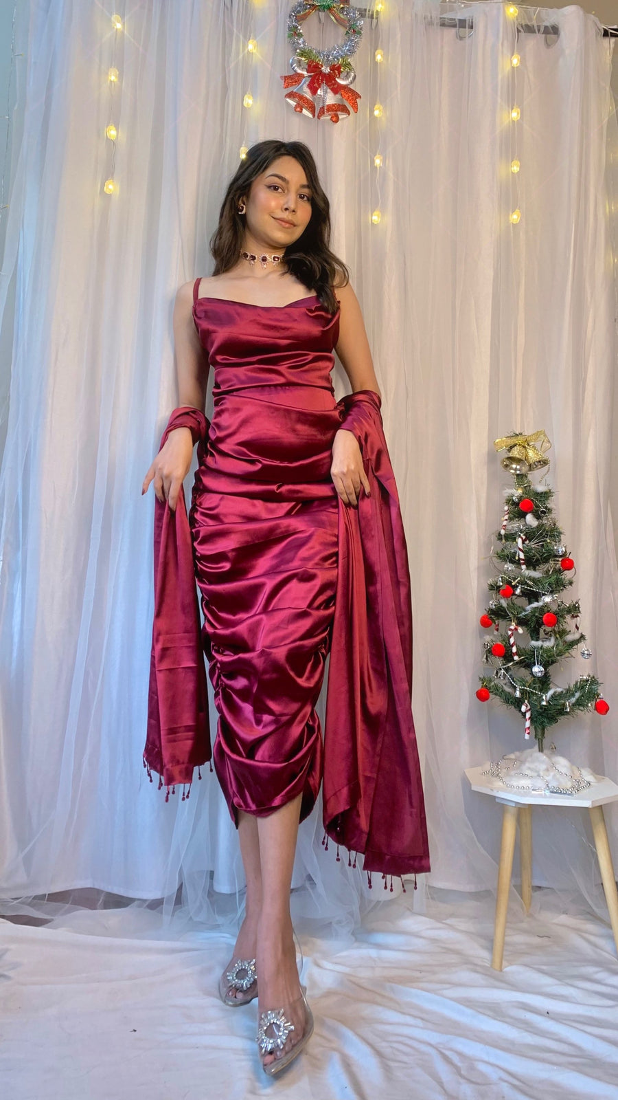 The Sangria Satin Ruched dress