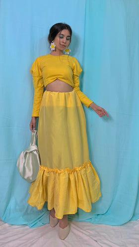 Statement Floral Sleeves Croptop with Ruffle Skirt.