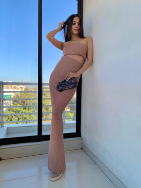 Nude shimmer Tube top with Sheath-Fit skirt. 