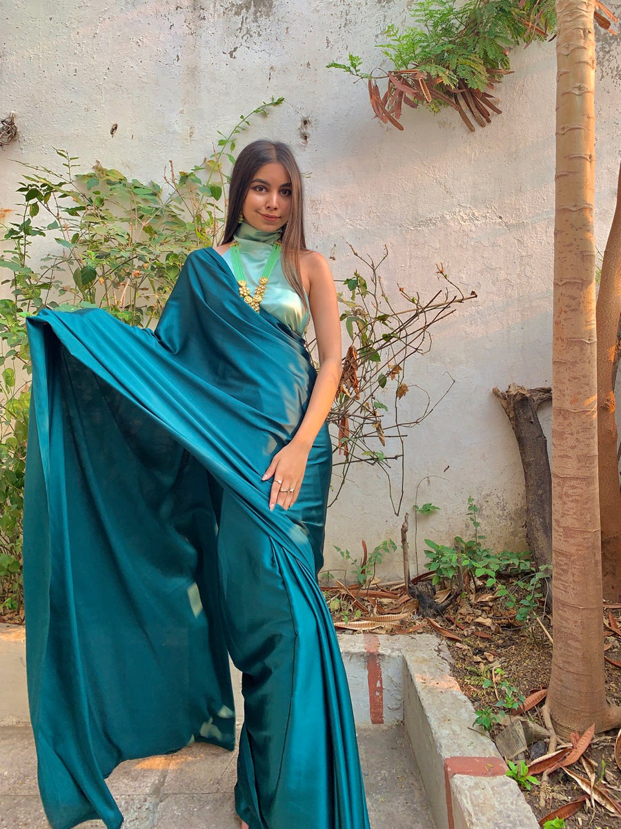 Satin Backless Halterneck Blouse with Basic Sari.