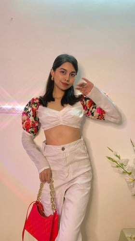 Floral Puff Sleeves Mid Ruched croptop