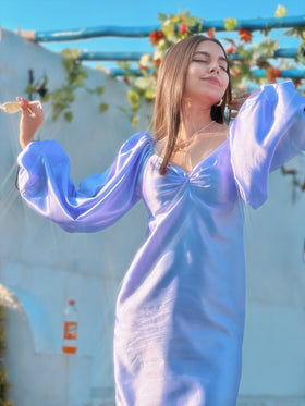 Balloon Sleeves Dual Slit Slip-on Dress.