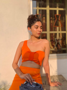 Single shoulder with mid-bow top and Parallel pant co-ords